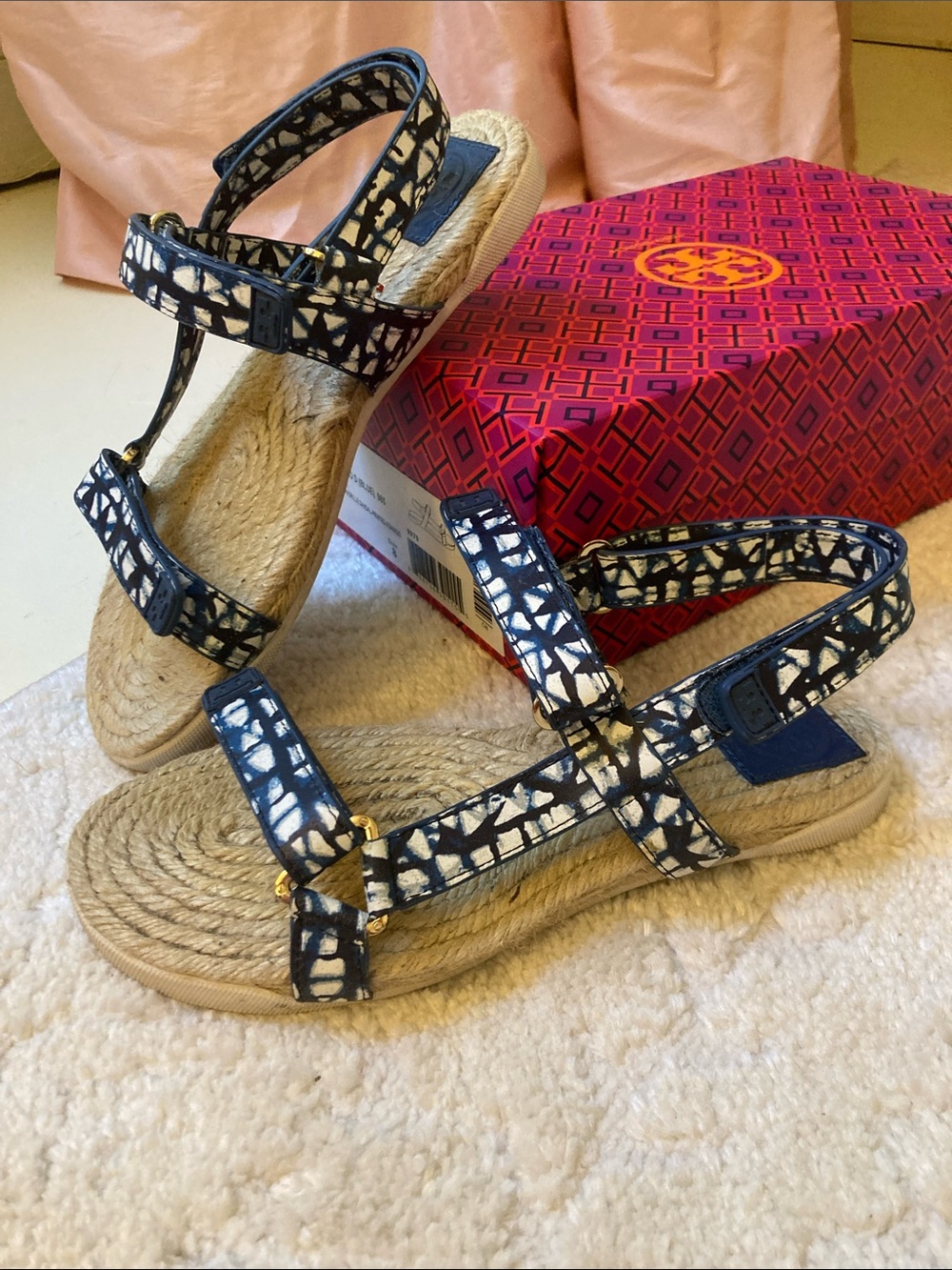 Tory Burch Navy & White Strappy Espadrille Sandals- Printed Atanado